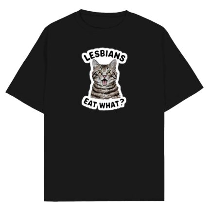Funny Cat Meme Black Cotton T-Shirt – “Lesbians Eat What?”