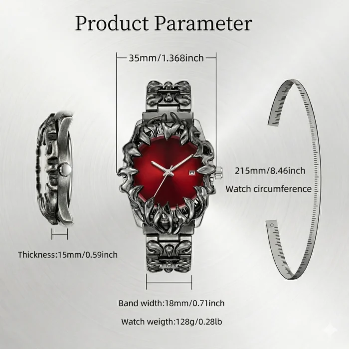 Crimson Eclipse – Gothic Red Dial Metal Watch - Image 4