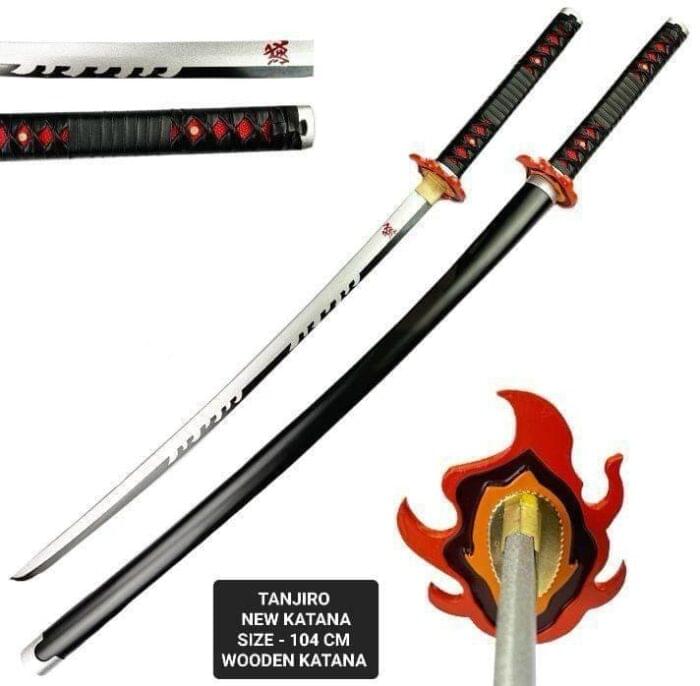 Demon Slayer Tanjiro Fire silver White V2 Cosplay Replica Premium Life Size Wooden Katana [104 CM] || DEMON SLAYER - Image 3